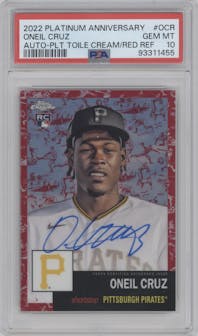 Oneil Cruz from the 2022 Topps Chrome Platinum Anniversary set featuring a Platinum Toile Cream/Red parallel graded by PSA and given an overall grade of 10.