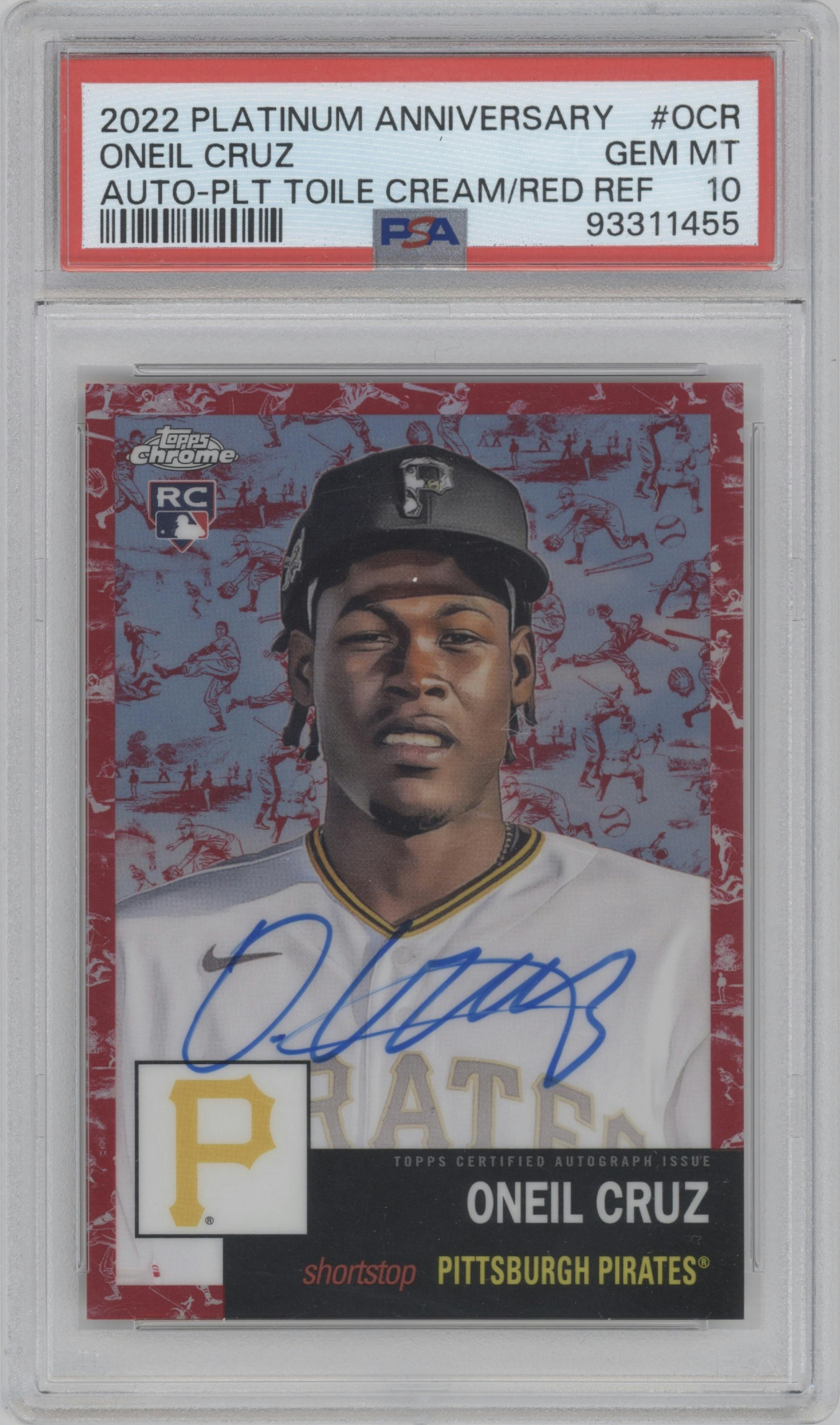 Oneil Cruz from the 2022 Topps Chrome Platinum Anniversary set featuring a Platinum Toile Cream/Red parallel graded by PSA and given an overall grade of 10.