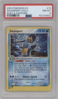 Swampert from the 2003 Pokemon EX set graded by PSA and given an overall grade of 8.