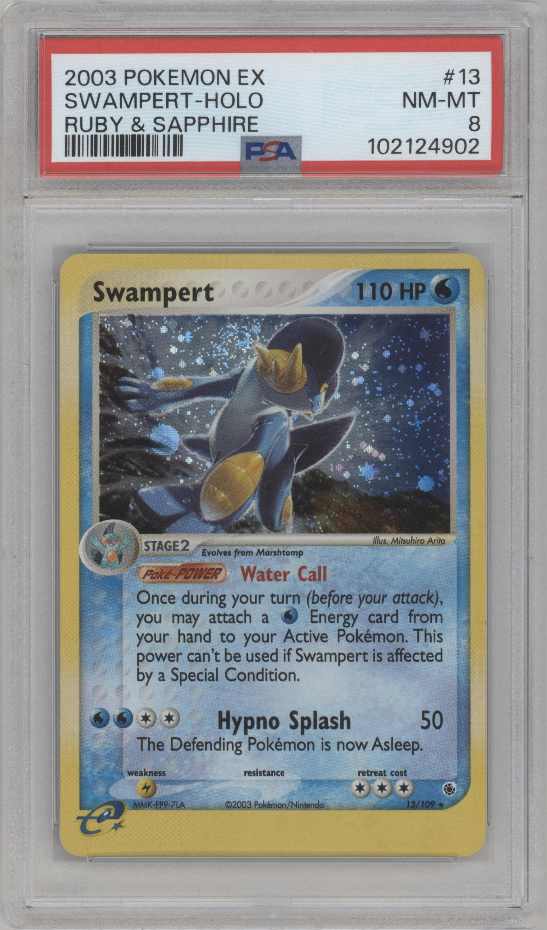 Swampert from the 2003 Pokemon EX set graded by PSA and given an overall grade of 8.
