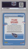Tyjae Spears from the 2023 Donruss Optic set featuring a Purple Stars  parallel graded by PSA and given an overall grade of 9.