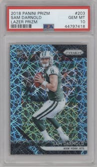 Sam Darnold from the 2018 Panini Prizm set featuring a Lazer parallel graded by PSA and given an overall grade of 10.