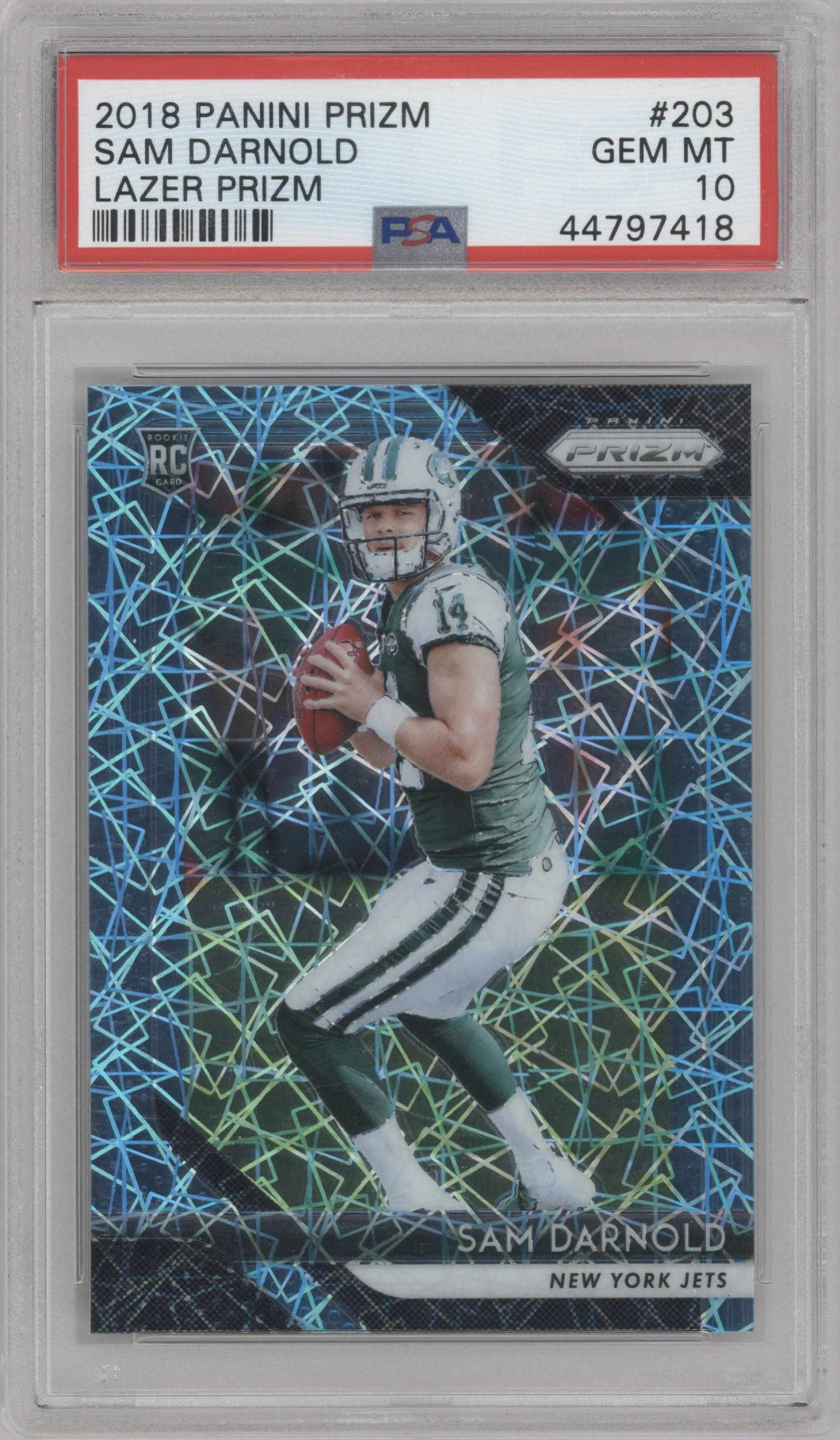 Sam Darnold from the 2018 Panini Prizm set featuring a Lazer parallel graded by PSA and given an overall grade of 10.