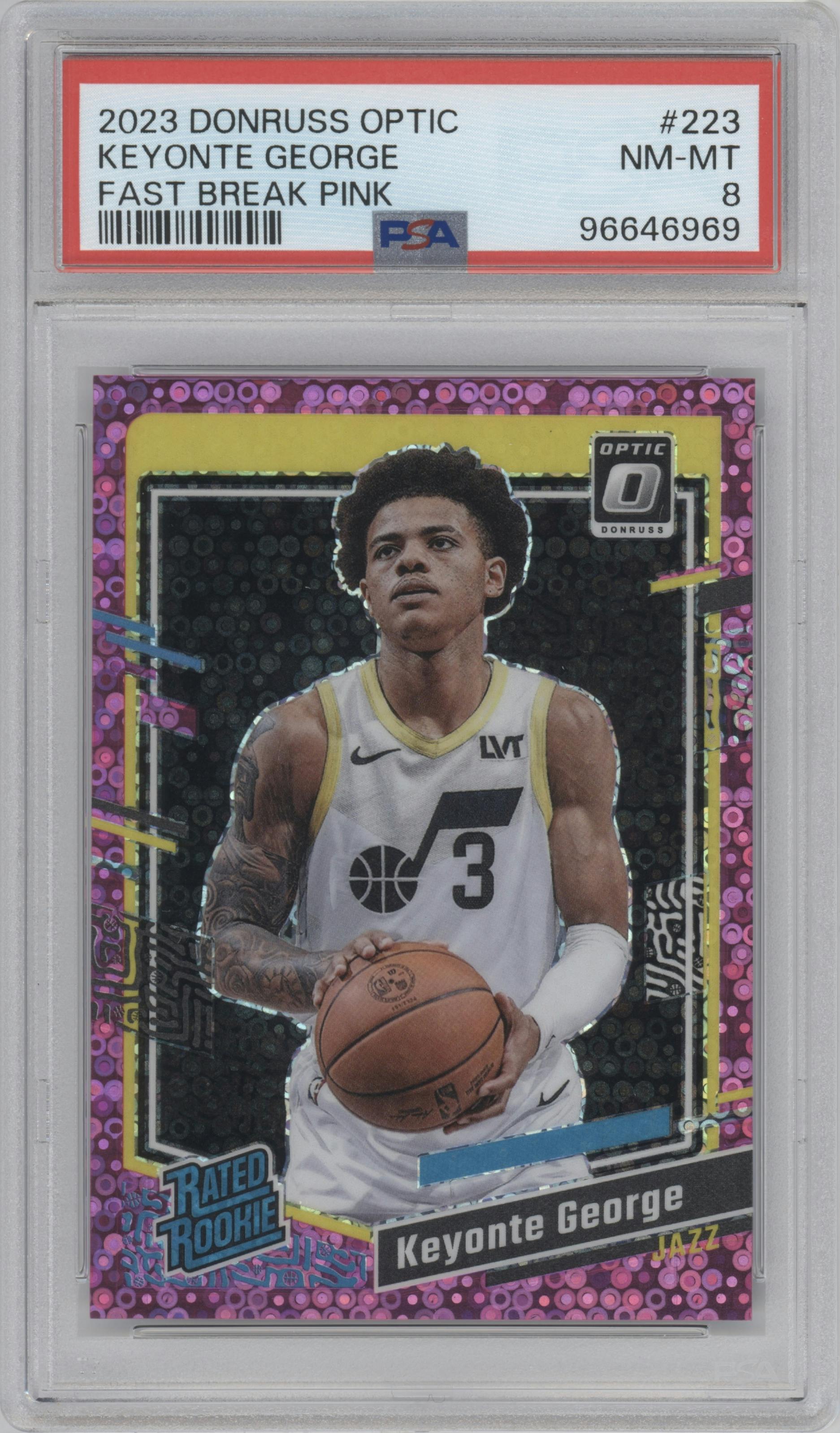 Keyonte George from the 2023-24 Donruss Optic set featuring a Fast Break Pink parallel graded by PSA and given an overall grade of 8.