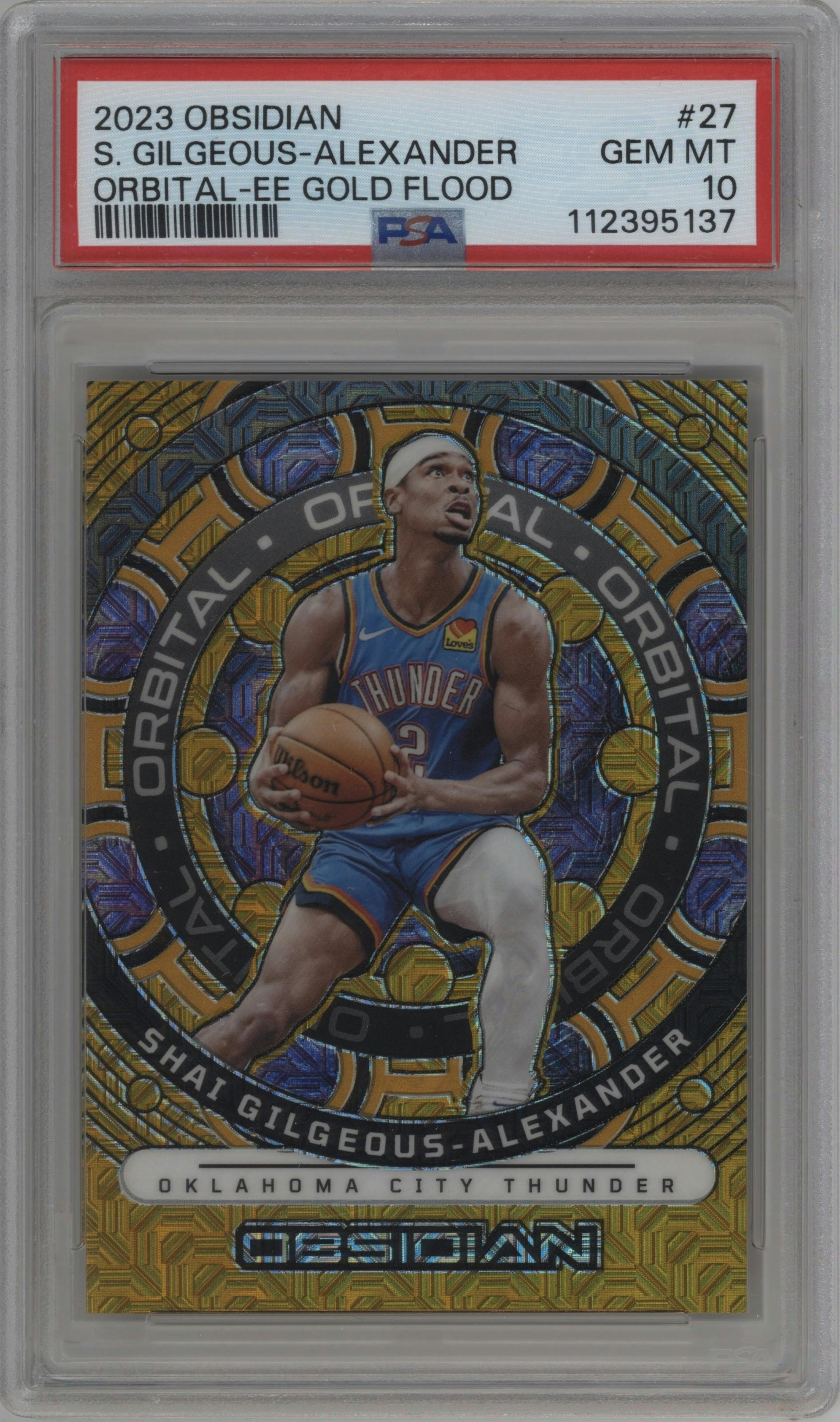 Shai Gilgeous-Alexander from the 2023-24 Panini Obsidian set featuring a Electric Etch Gold Flood  parallel graded by PSA and given an overall grade of 10.