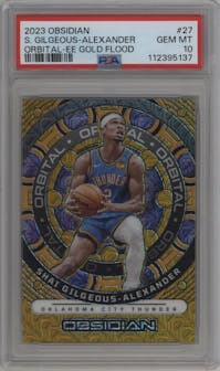 Shai Gilgeous-Alexander from the 2023-24 Panini Obsidian set featuring a Electric Etch Gold Flood parallel graded by PSA and given an overall grade of 10.