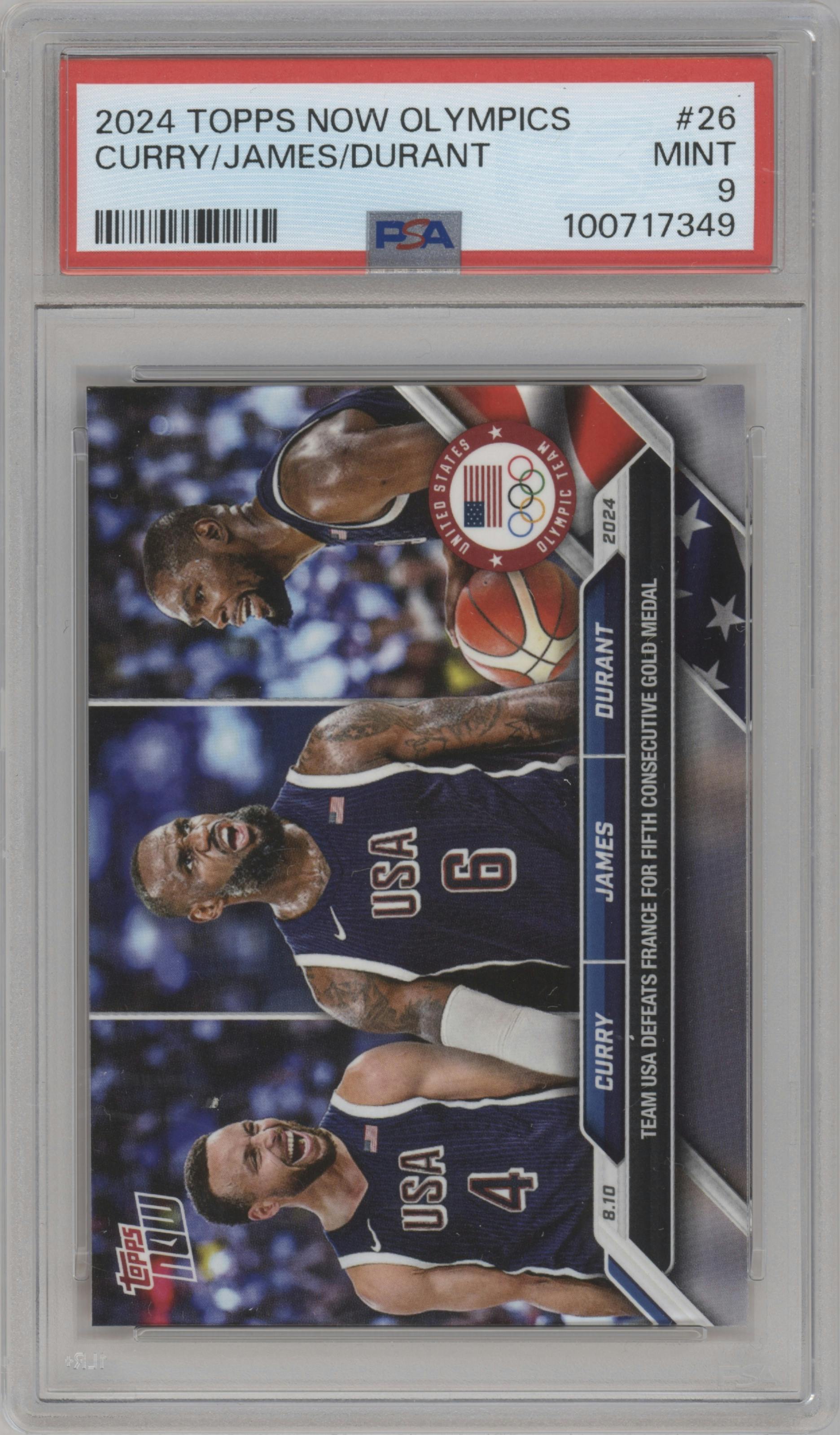 Stephen Curry/LeBron James/Kevin Durant from the 2024 Topps Now Olympics set graded by PSA and given an overall grade of 9.