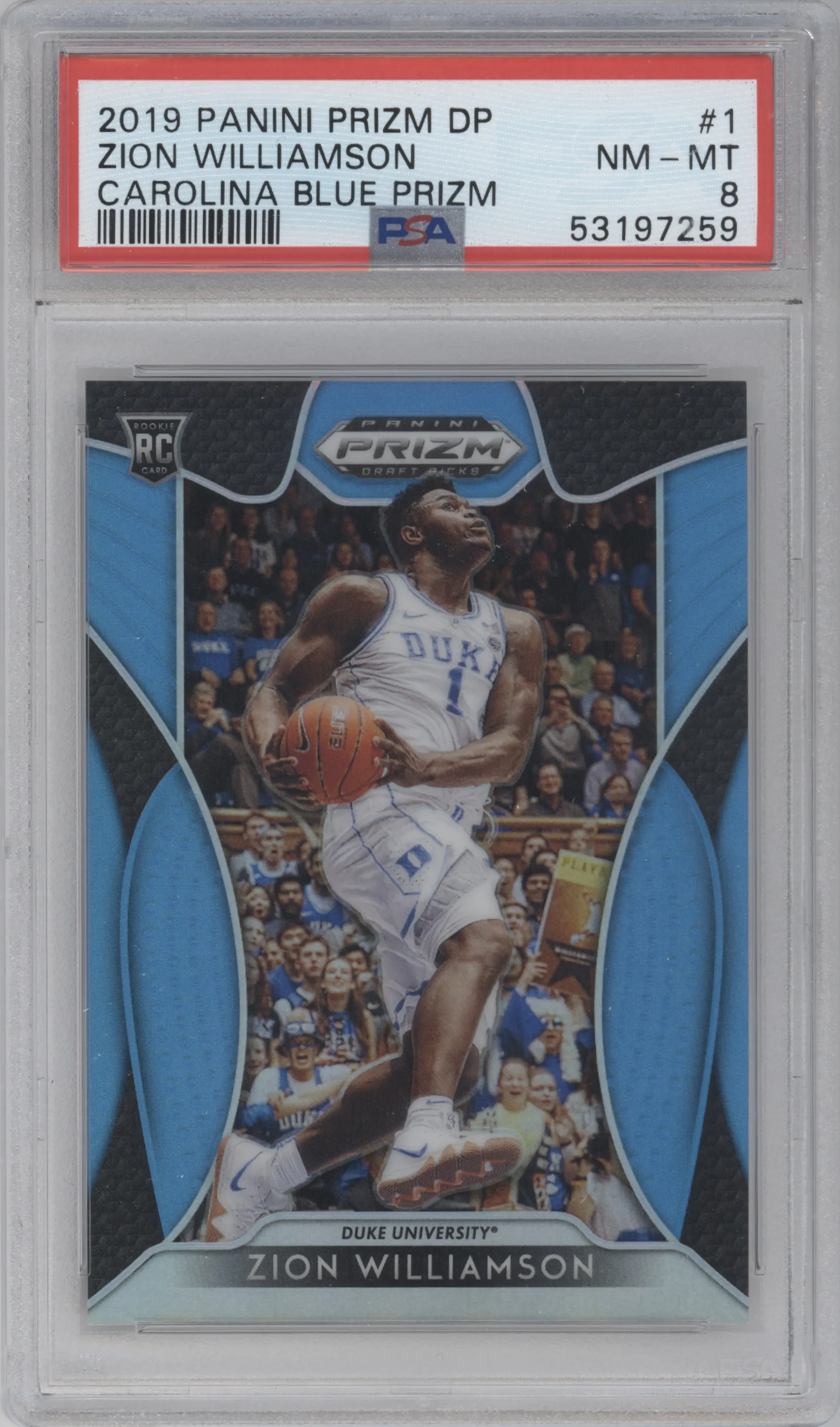 2019 Panini Prizm Draft Picks Zion Williamson Carolina Blue Prizm PSA 8