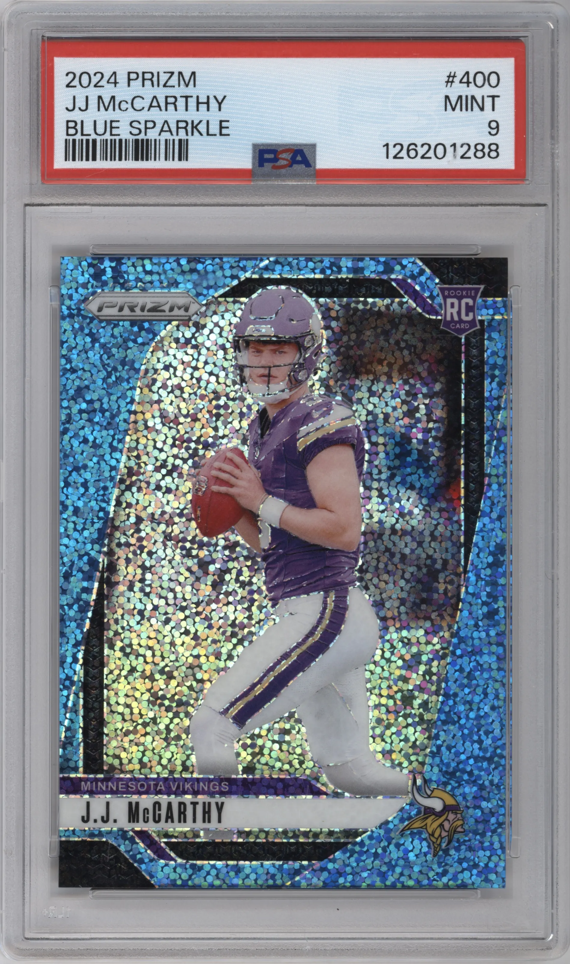 J.J. McCarthy from the 2024 Panini Prizm set featuring a Blue Sparkle parallel graded by PSA and given an overall grade of 9.