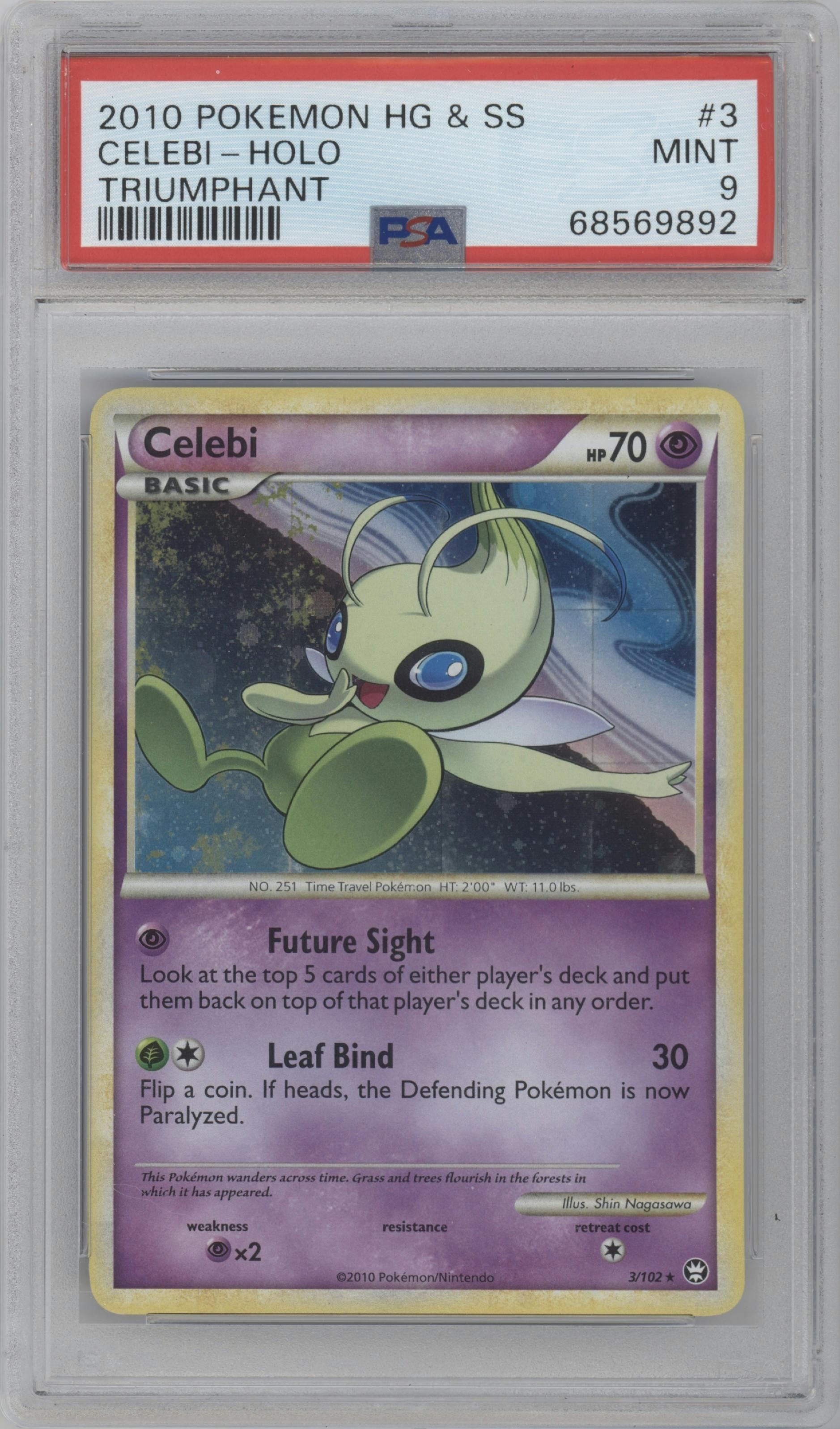 Celebi from the 2010 Pokemon HG & SS set graded by PSA and given an overall grade of 9.