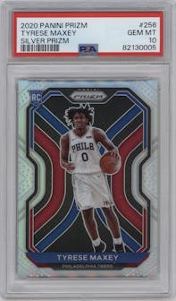 Tyrese Maxey from the 2020-21 Panini Prizm set featuring a Silver Prizm parallel graded by PSA and given an overall grade of 10.