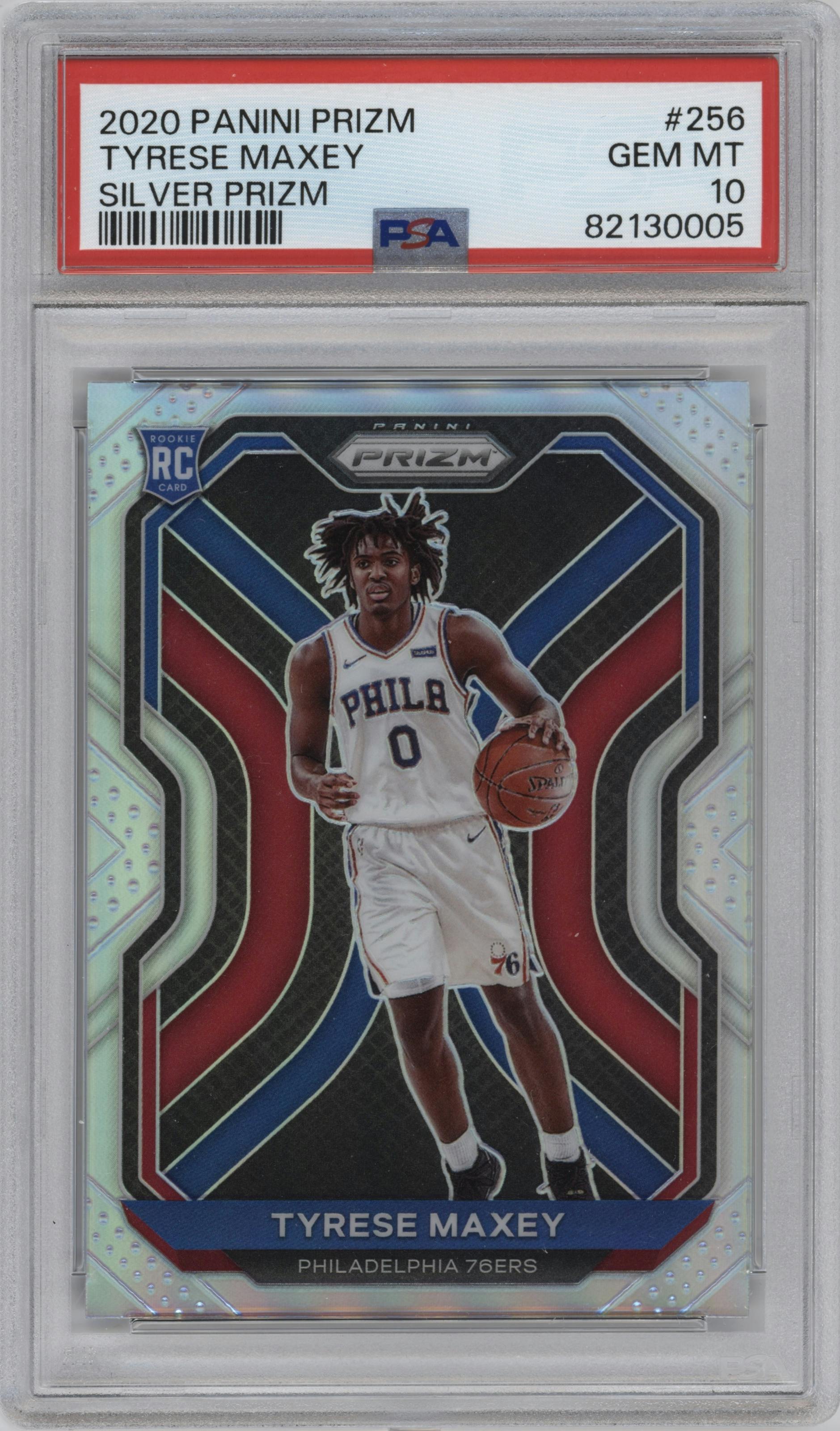 Tyrese Maxey from the 2020-21 Panini Prizm set featuring a Silver Prizm parallel graded by PSA and given an overall grade of 10.