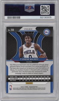 Tyrese Maxey from the 2020-21 Panini Prizm set featuring a Silver Prizm parallel graded by PSA and given an overall grade of 10.