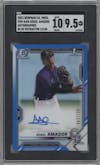 Adael Amador from the 2021 Bowman set featuring a Blue Refractor  parallel graded by SGC and given an overall grade of 9.5.
