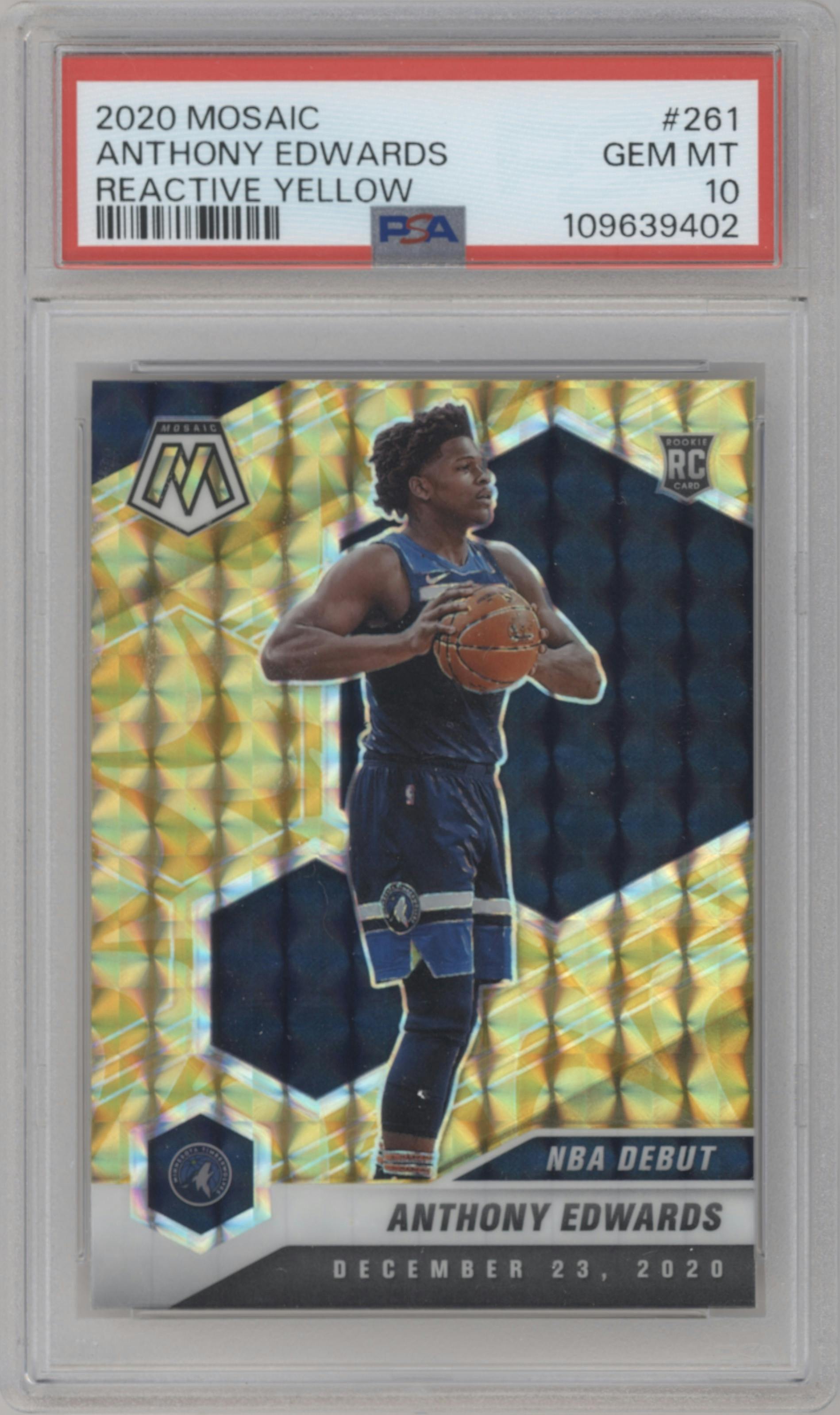 Anthony Edwards from the 2020-21 Panini Mosaic set featuring a Reactive Yellow parallel graded by PSA and given an overall grade of 10.