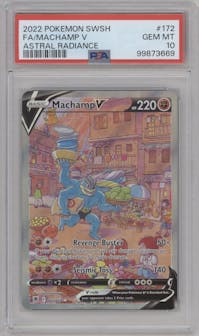 Machamp V from the 2022 Pokemon SWSH set graded by PSA and given an overall grade of 10.