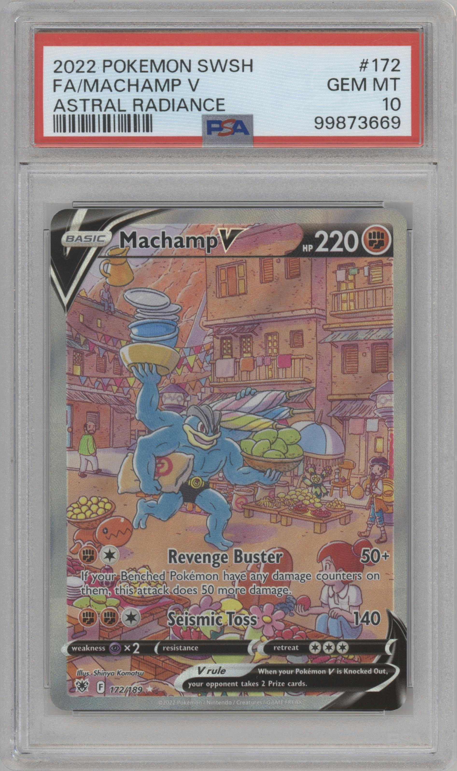 Machamp V from the 2022 Pokemon SWSH set graded by PSA and given an overall grade of 10.