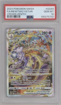 Mewtwo VSTAR from the 2023 Pokemon SWSH set graded by PSA and given an overall grade of 10.