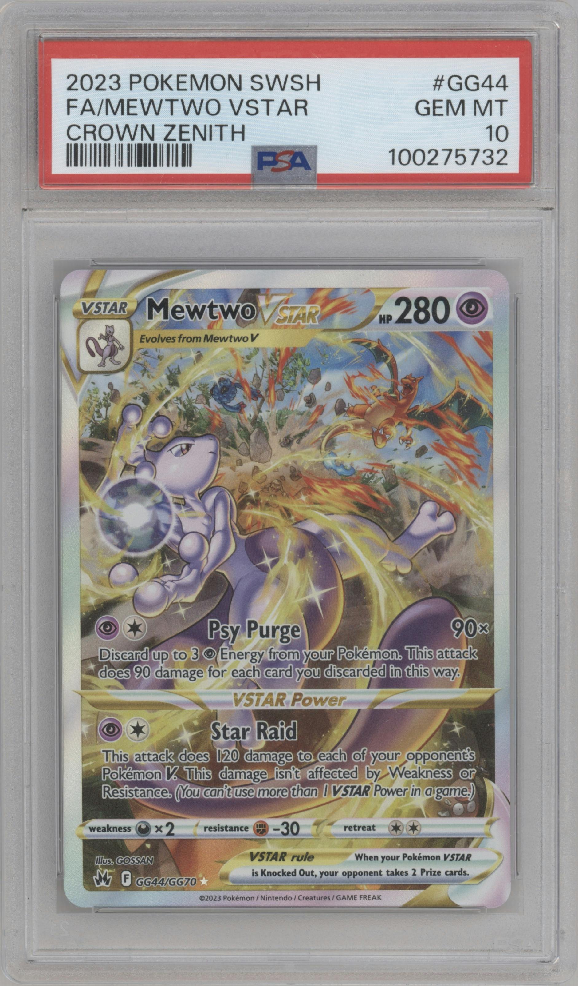 Mewtwo VSTAR from the 2023 Pokemon SWSH set graded by PSA and given an overall grade of 10.