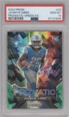 Jahmyr Gibbs from the 2023 Panini Prizm set featuring a Green Ice parallel graded by PSA and given an overall grade of 10.