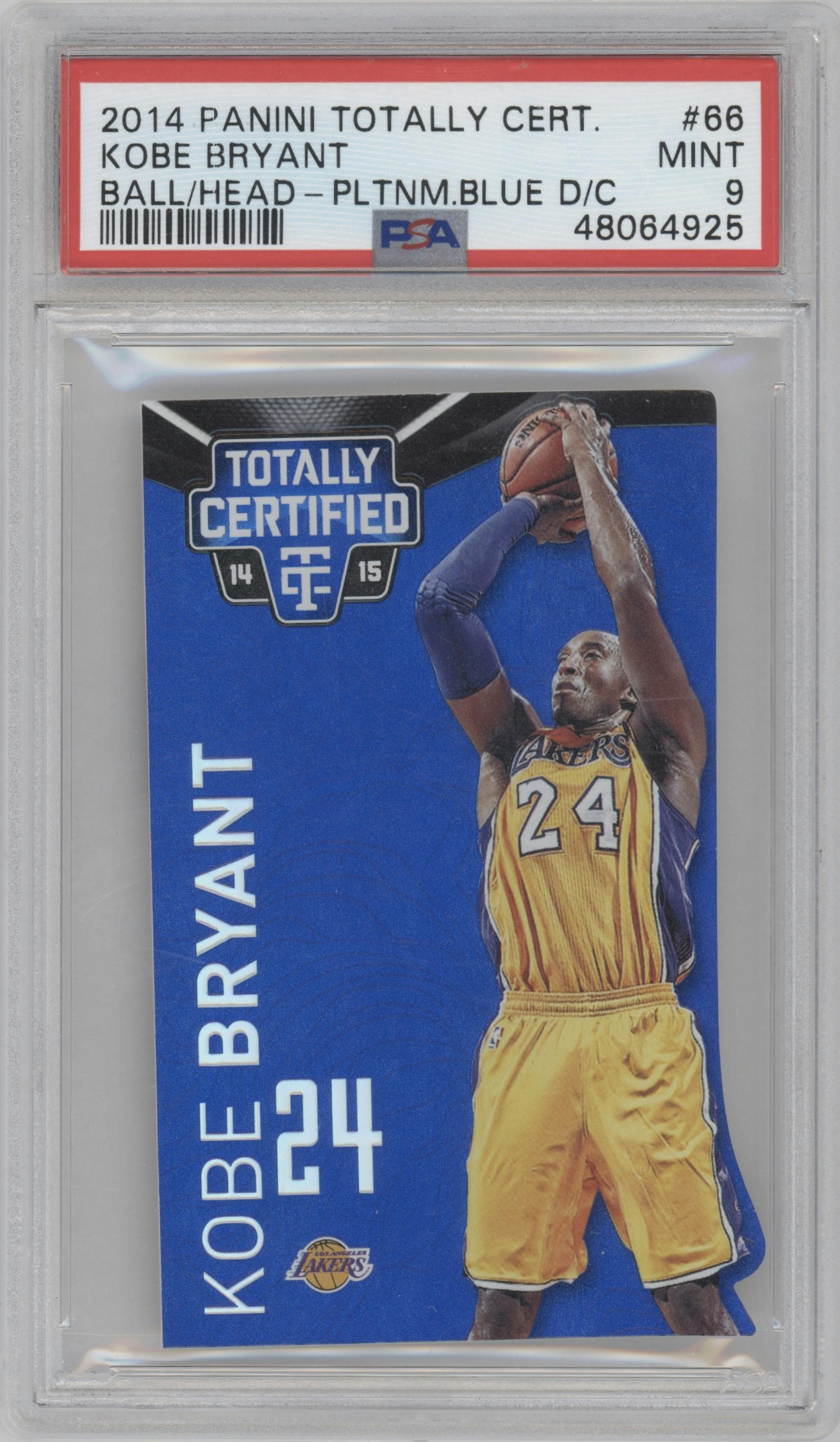 Kobe Bryant from the 2014-15 Panini Totally Certified set featuring a Mirror Platinum Blue Die-Cut parallel graded by PSA and given an overall grade of 9.