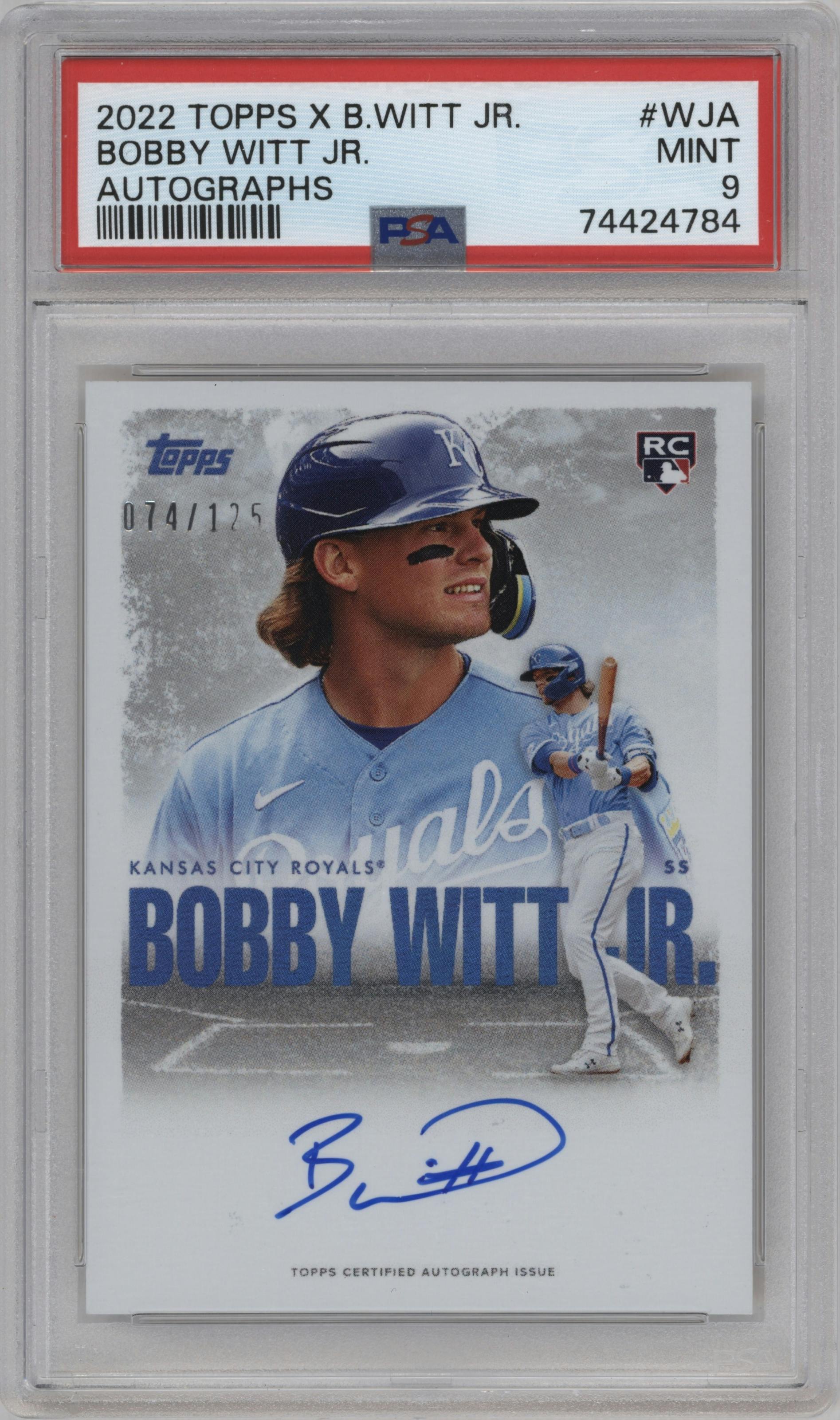 Bobby Witt Jr. from the 2022 Topps X Bobby Witt Jr. Crown Collection set graded by PSA and given an overall grade of 9.