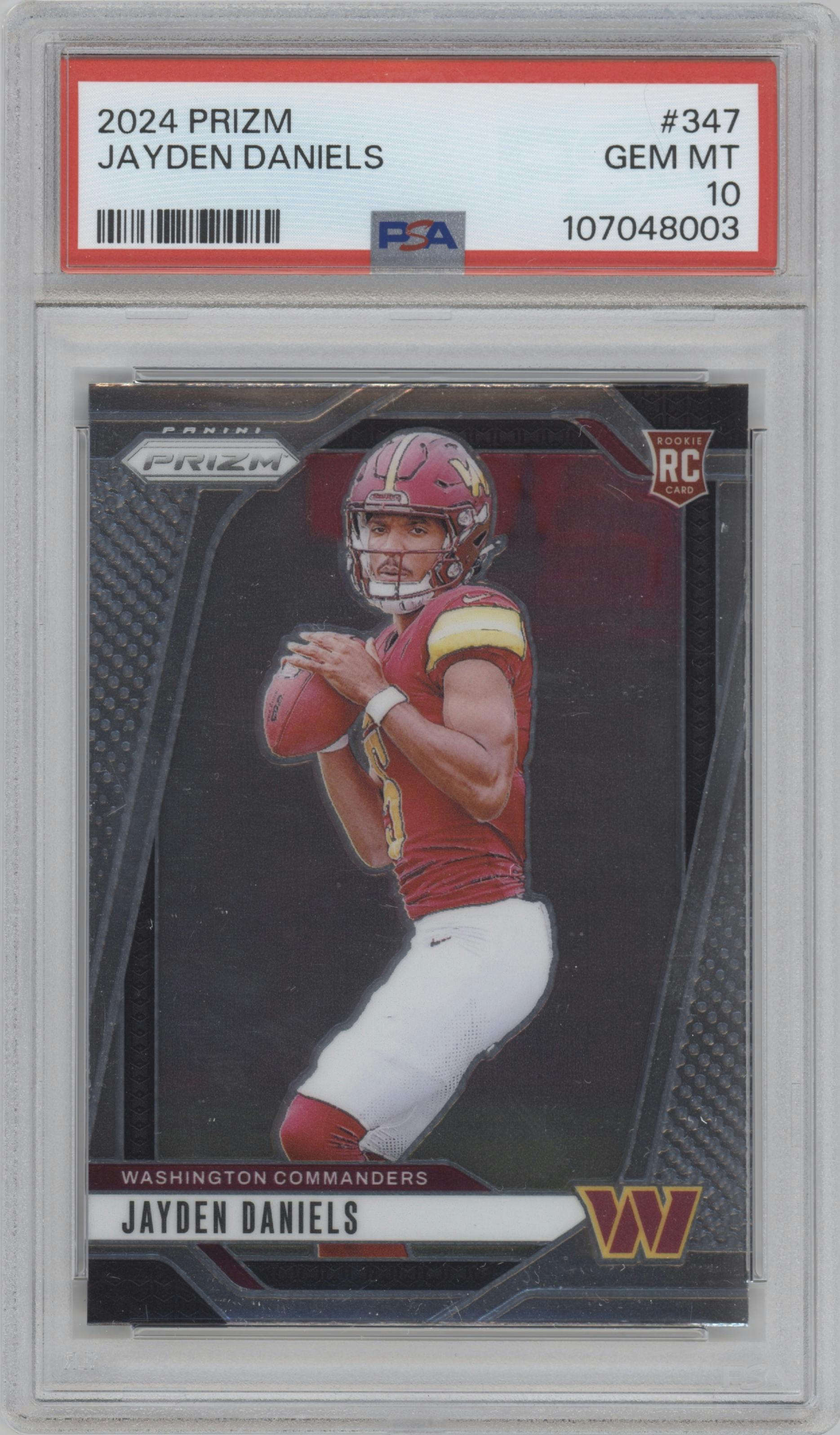 Jayden Daniels from the 2024 Panini Prizm set graded by PSA and given an overall grade of 10.