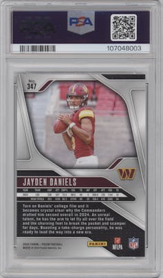 Jayden Daniels from the 2024 Panini Prizm set graded by PSA and given an overall grade of 10.