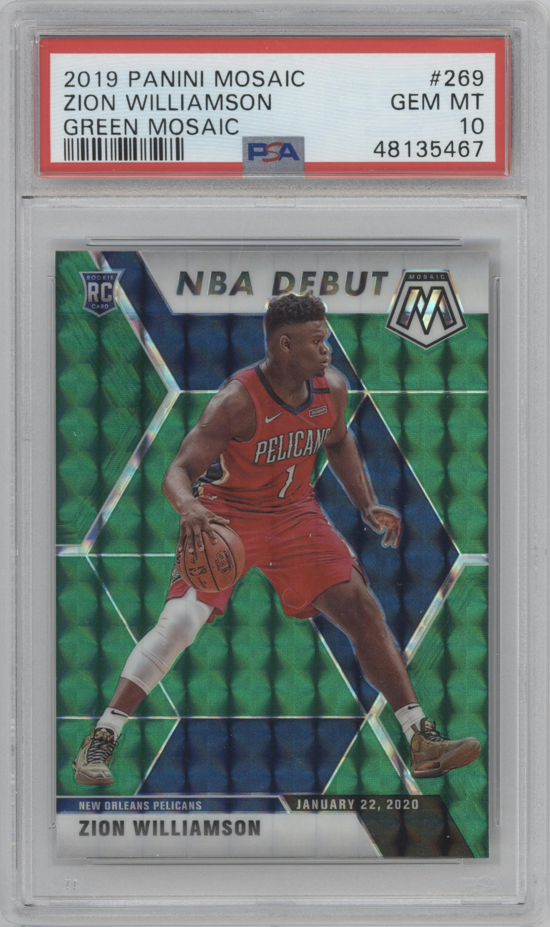 Zion Williamson from the 2019-20 Panini Mosaic  set featuring a Green Mosaic parallel graded by PSA and given an overall grade of 10.