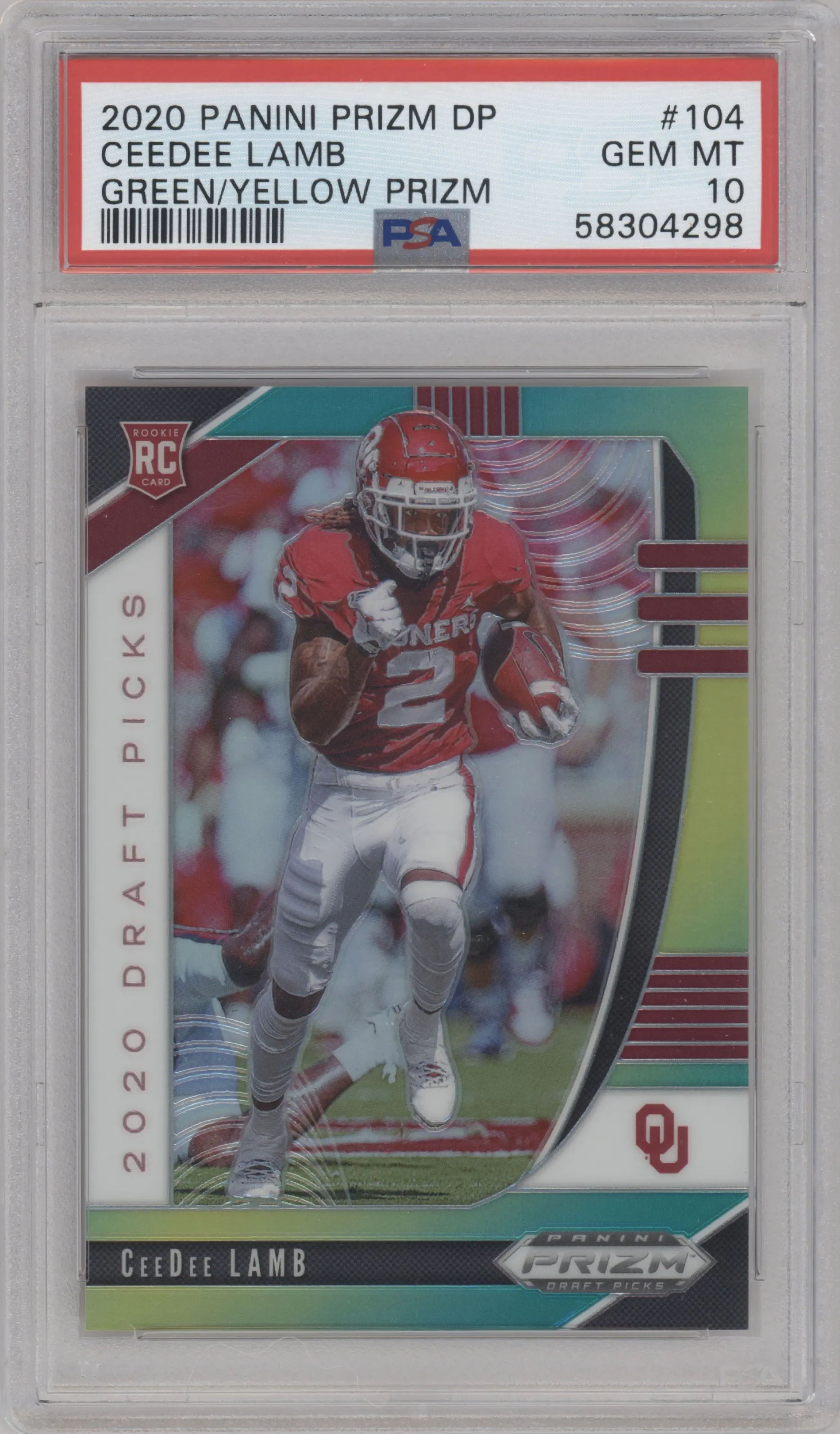 2020 Panini Prizm Draft Picks CeeDee Lamb Green/Yellow Prizm #104 PSA 10