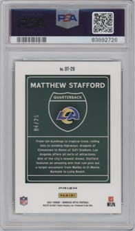 Matthew Stafford from the 2021 Panini Donruss Optic set featuring a Black Pandora parallel graded by PSA and given an overall grade of 9.