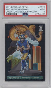 Matthew Stafford from the 2021 Panini Donruss Optic set featuring a Black Pandora parallel graded by PSA and given an overall grade of 9.