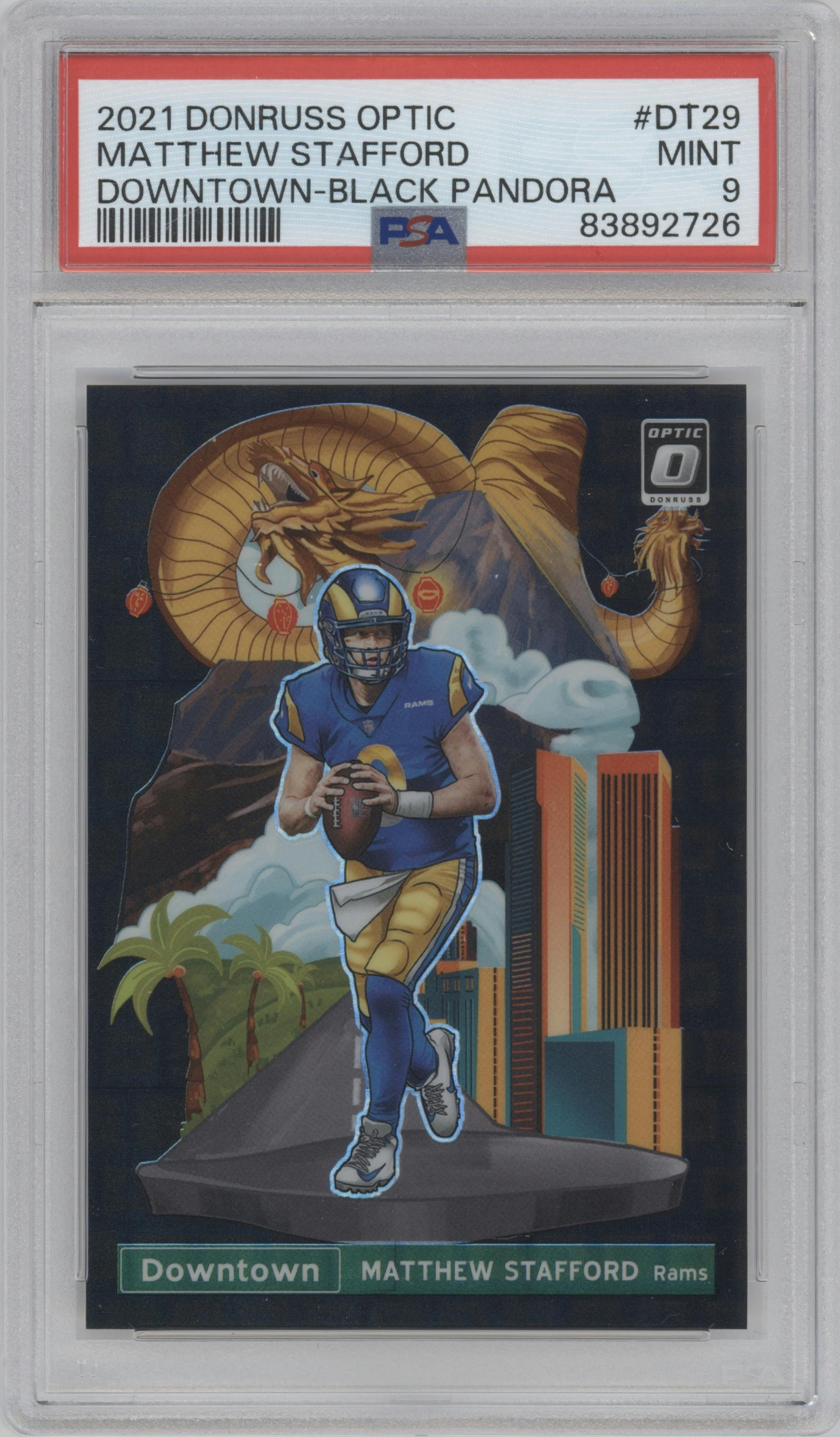 Matthew Stafford from the 2021 Panini Donruss Optic set featuring a Black Pandora parallel graded by PSA and given an overall grade of 9.