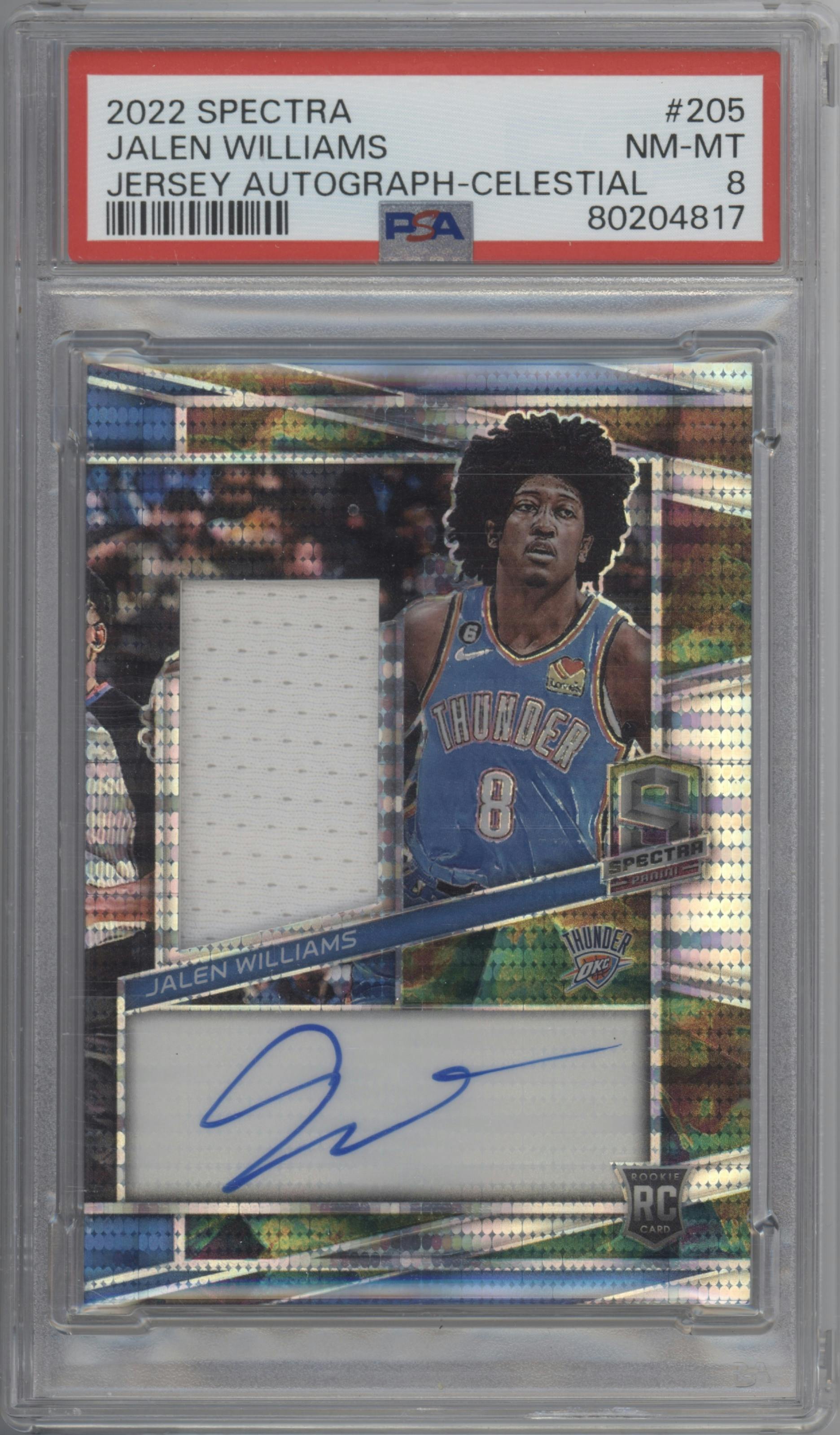 Jalen Williams from the 2022-23 Panini Spectra set featuring a Celestial parallel graded by PSA and given an overall grade of 8.