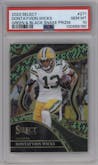 Dontayvion Wicks from the 2023 Panini Select set featuring a Green and Black Snakeskin Prizm parallel graded by PSA and given an overall grade of 10.