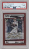 Brock Purdy from the 2022 Panini Chronicles set featuring a Red Zone parallel graded by PSA and given an overall grade of 9.