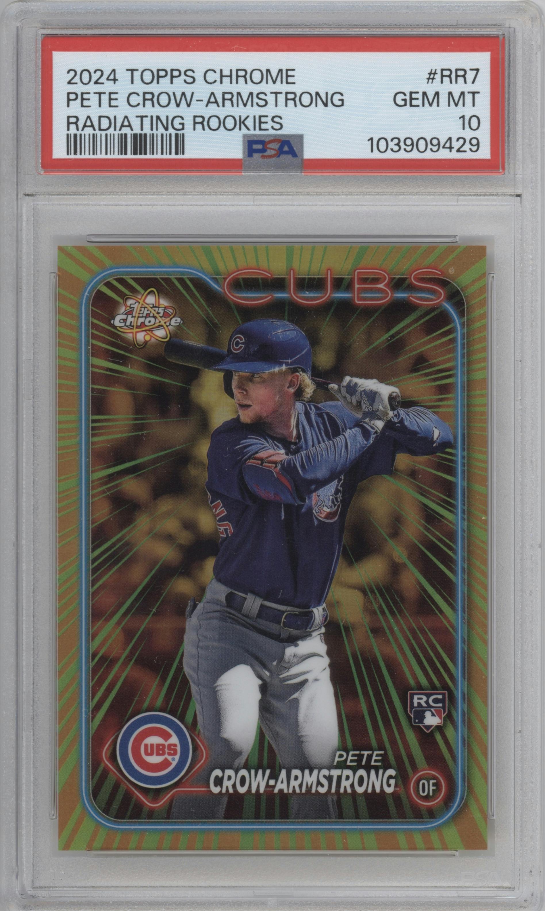 Pete Crow-Armstrong from the 2024 Topps Chrome set graded by PSA and given an overall grade of 10.