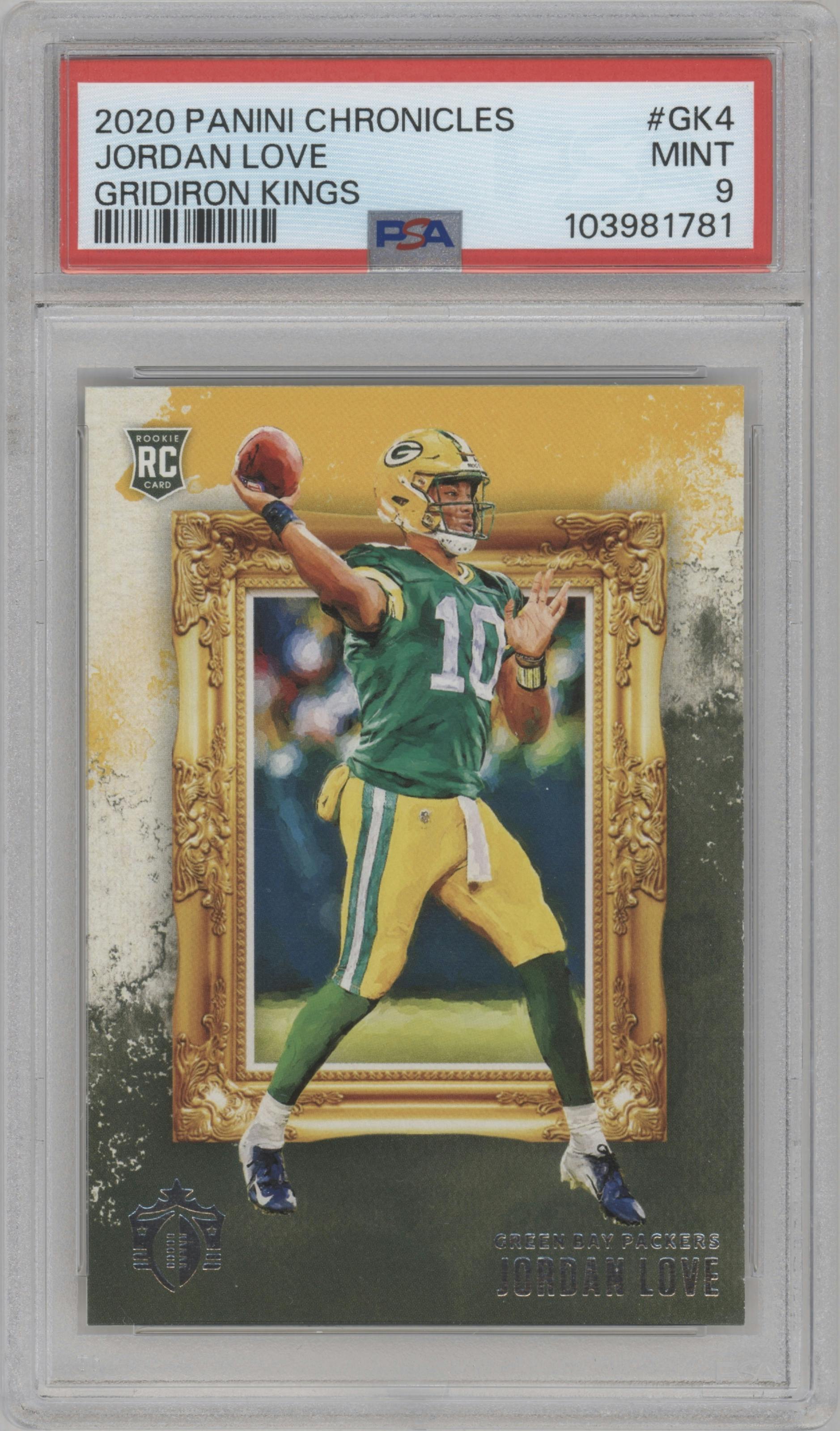 Jordan Love from the 2020 Panini Chronicles set graded by PSA and given an overall grade of 9.
