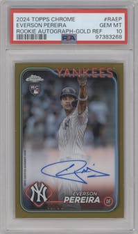 Everson Pereira from the 2024 Topps Chrome set featuring a Gold Refractor parallel graded by PSA and given an overall grade of 10.