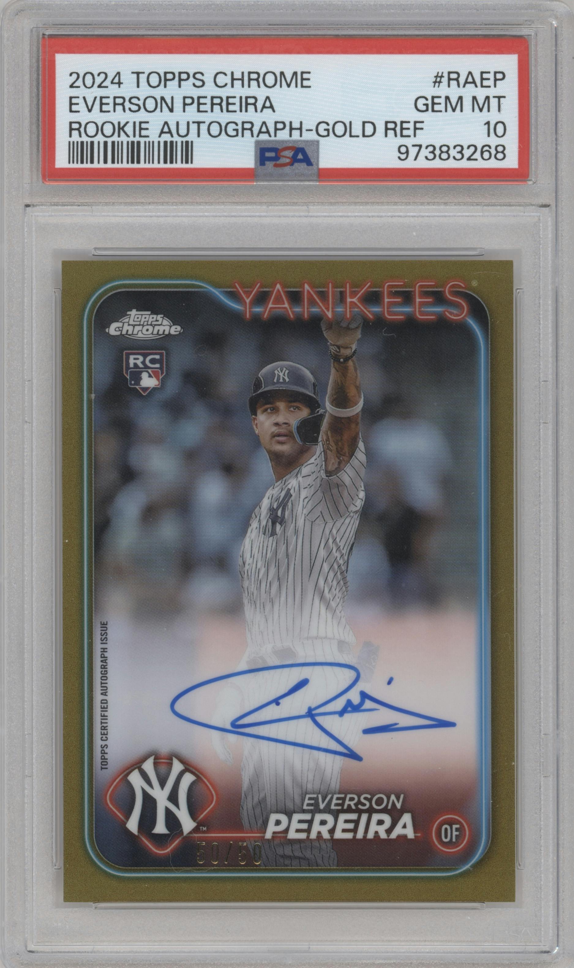 Everson Pereira from the 2024 Topps Chrome set featuring a Gold Refractor parallel graded by PSA and given an overall grade of 10.
