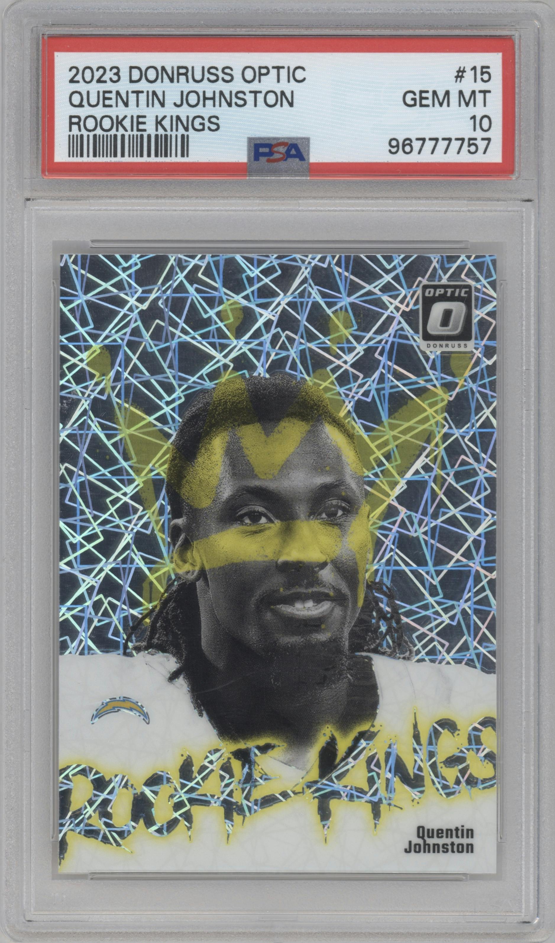 Quentin Johnston from the 2023 Donruss Optic set graded by PSA and given an overall grade of 10.