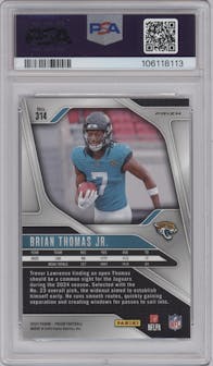 Brian Thomas Jr. from the 2024 Panini Prizm set featuring a Silver Prizm parallel graded by PSA and given an overall grade of 9.