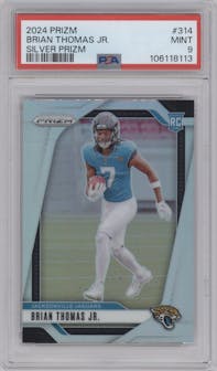 Brian Thomas Jr. from the 2024 Panini Prizm set featuring a Silver Prizm parallel graded by PSA and given an overall grade of 9.