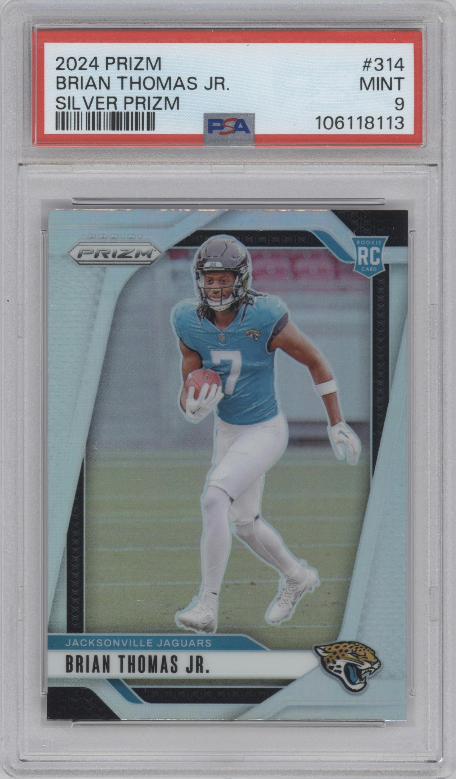 Brian Thomas Jr. from the 2024 Panini Prizm set featuring a Silver Prizm parallel graded by PSA and given an overall grade of 9.