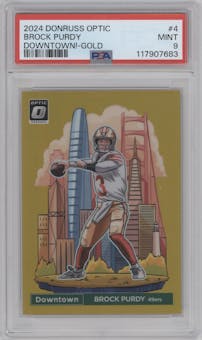 Brock Purdy  from the 2024 Donruss Optic set featuring a Gold parallel graded by PSA and given an overall grade of 9.