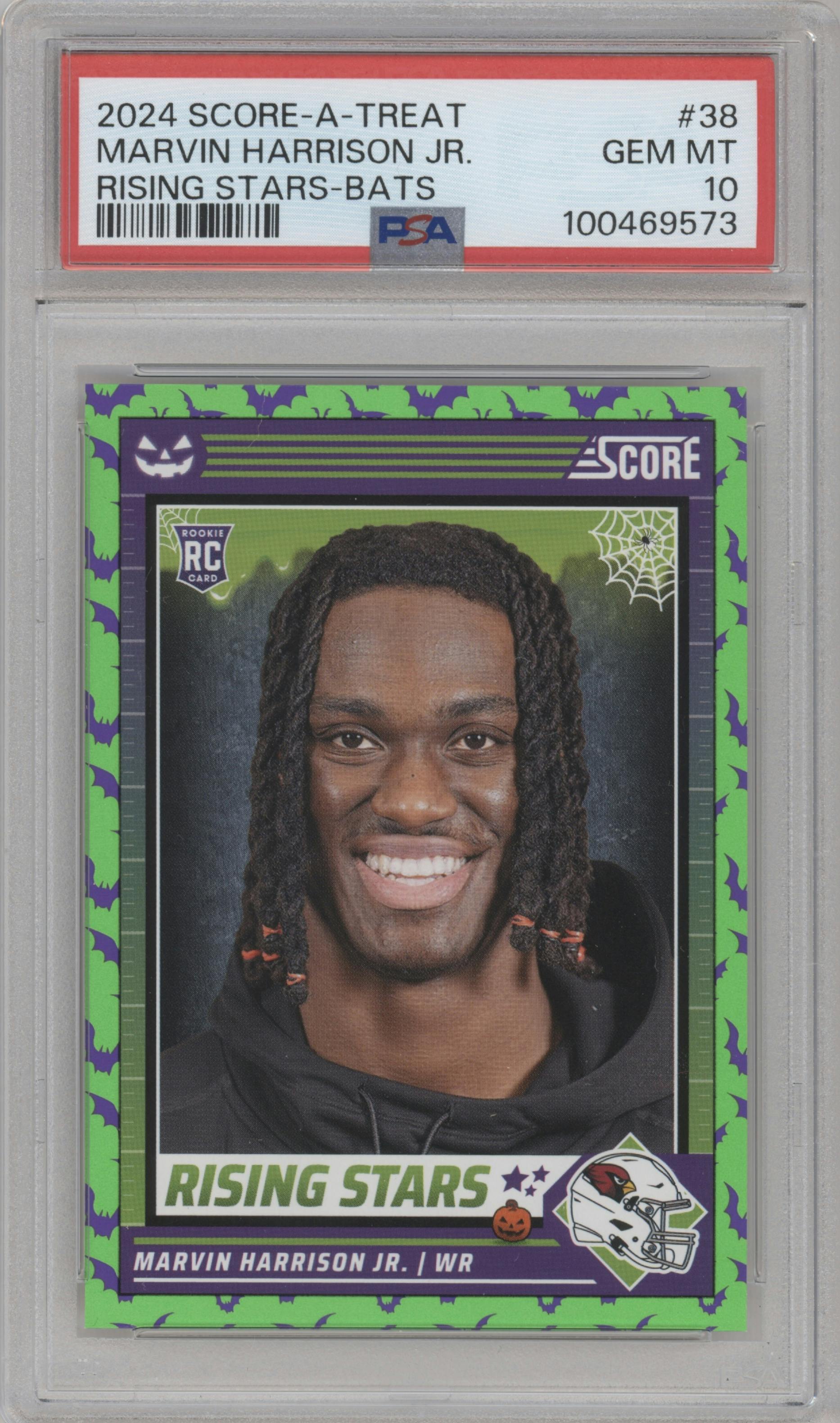 Marvin Harrison Jr. from the 2024 Score-a-Treat set featuring a Bats parallel graded by PSA and given an overall grade of 10.