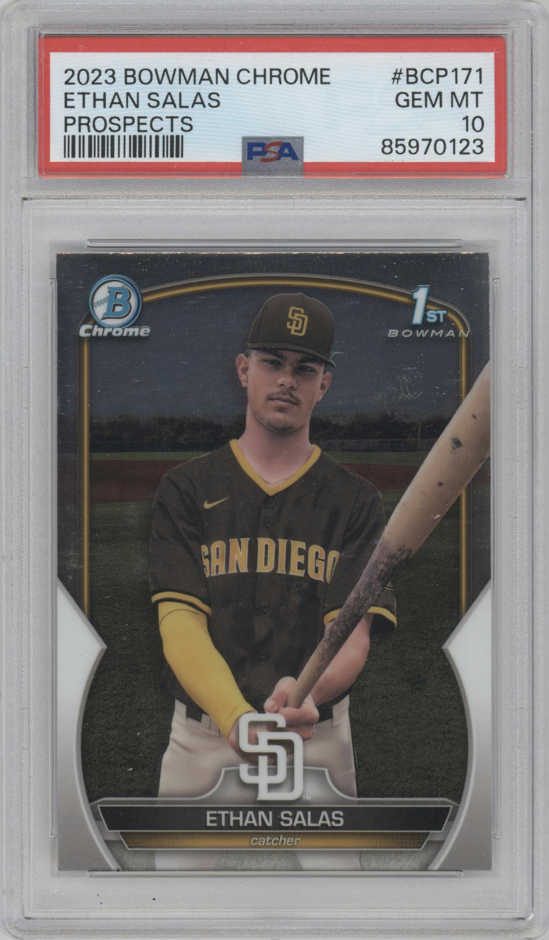 Ethan Salas from the 2023 Bowman Chrome set graded by PSA and given an overall grade of 10.