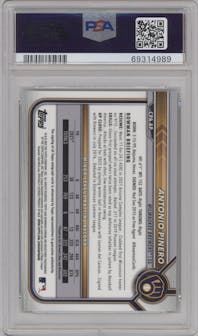 Antonio Pinero from the 2022 Bowman Chrome set featuring a Gold Refractor parallel graded by PSA and given an overall grade of 10.