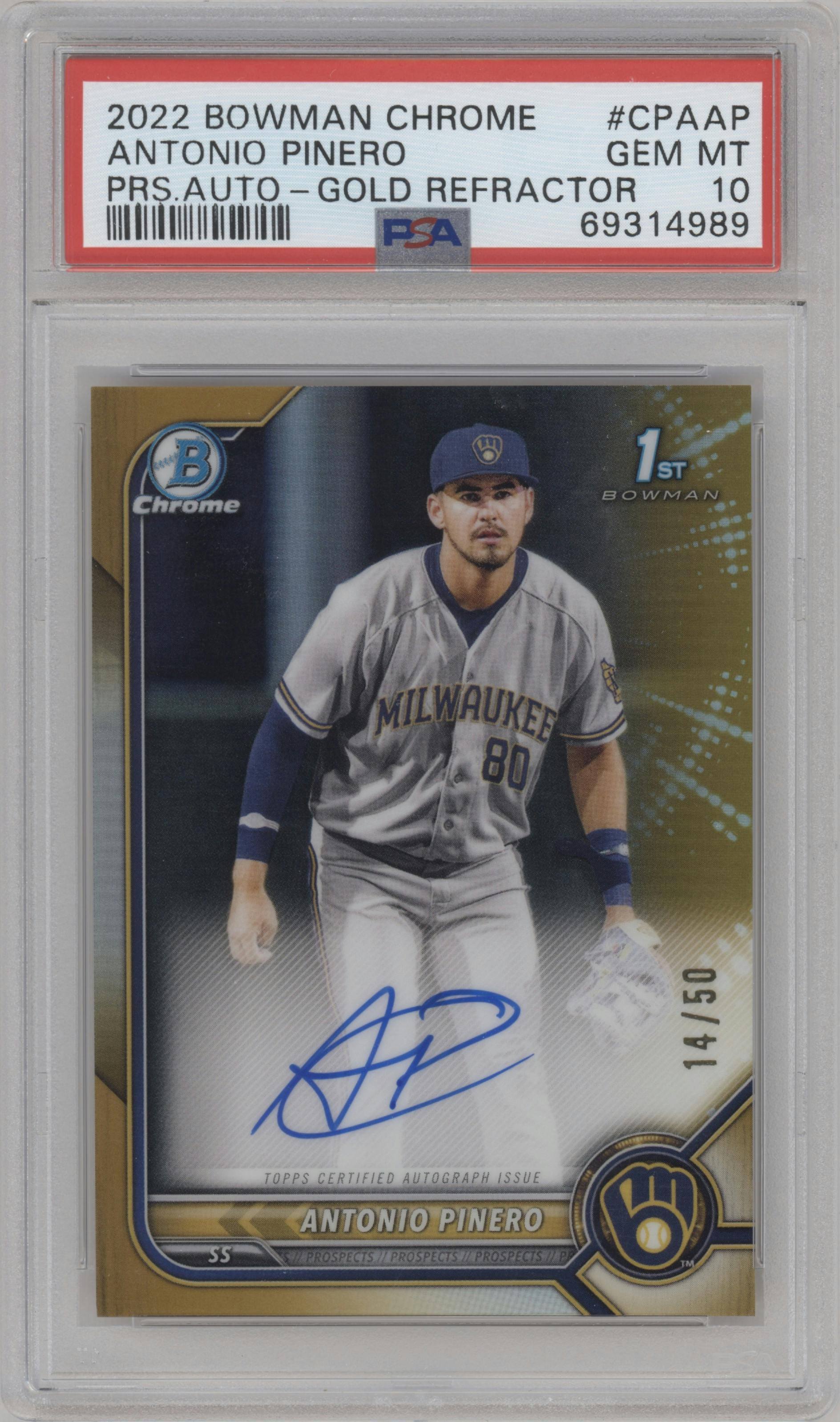 Antonio Pinero from the 2022 Bowman Chrome set featuring a Gold Refractor parallel graded by PSA and given an overall grade of 10.