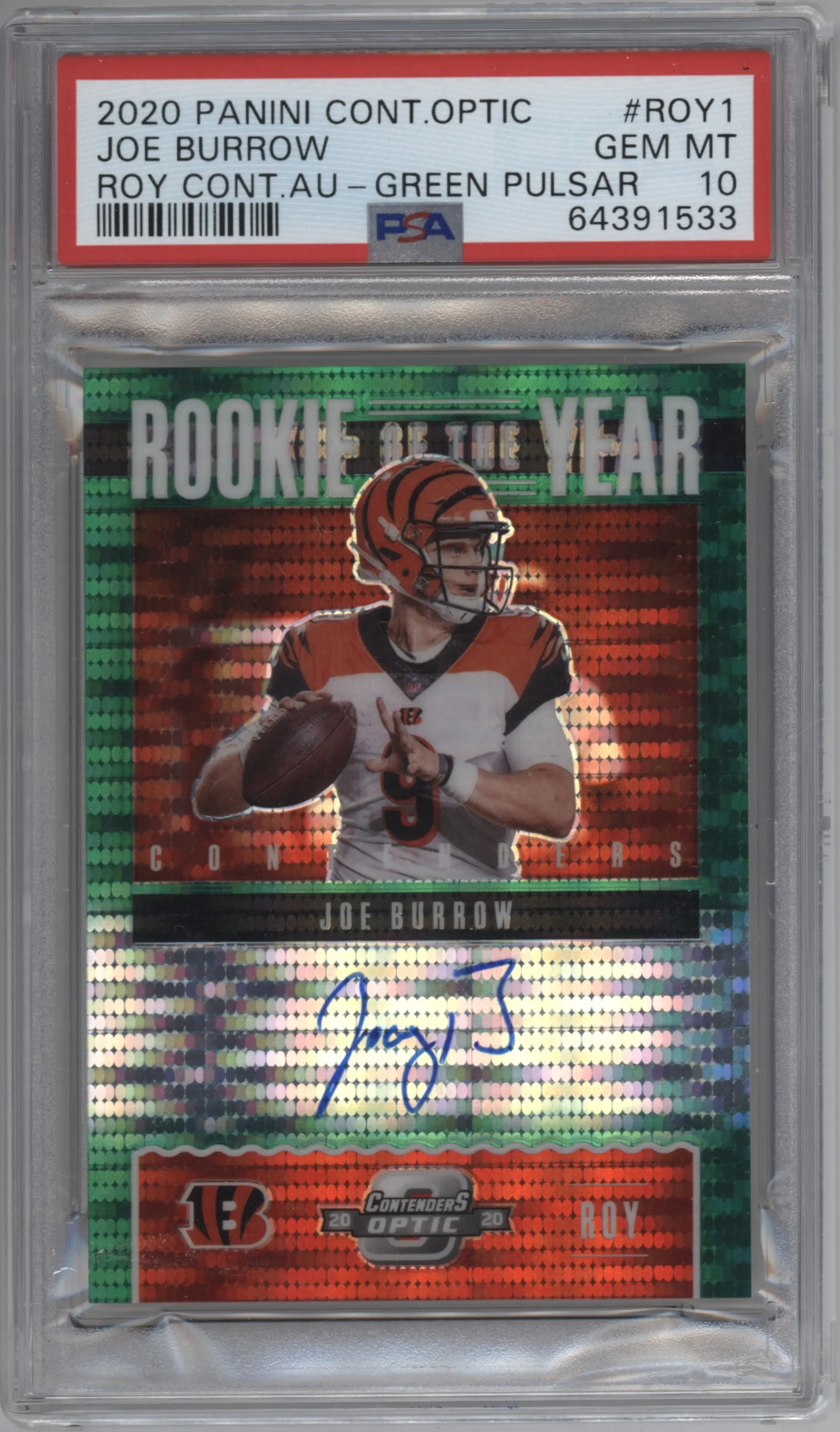 2020 Panini Contenders Optic ROY Cont.Auto Joe Burrow Green Pulsar #ROY1 PSA 10